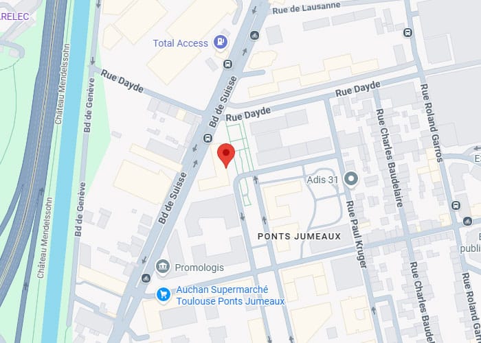 Carte Toulouse Ponts Jumeaux et Boulevard de Suisse Plan Google Maps Ponts Jumeaux Toulouse, repère rouge Bd de Suisse près de Rue Dayde et Auchan Supermarché.